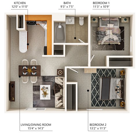 Floor plan for 2 beds, 1 bath, 823 sqft